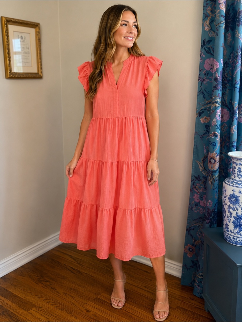 Entro Coral V-Neck Summer Dress